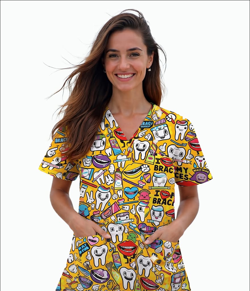 "Dental Magic" Printed Medical Scrub Top - Yellow Unisex V-Neck Uniform
