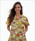 "Dental Magic" Printed Medical Scrub Top - Yellow Unisex V-Neck Uniform