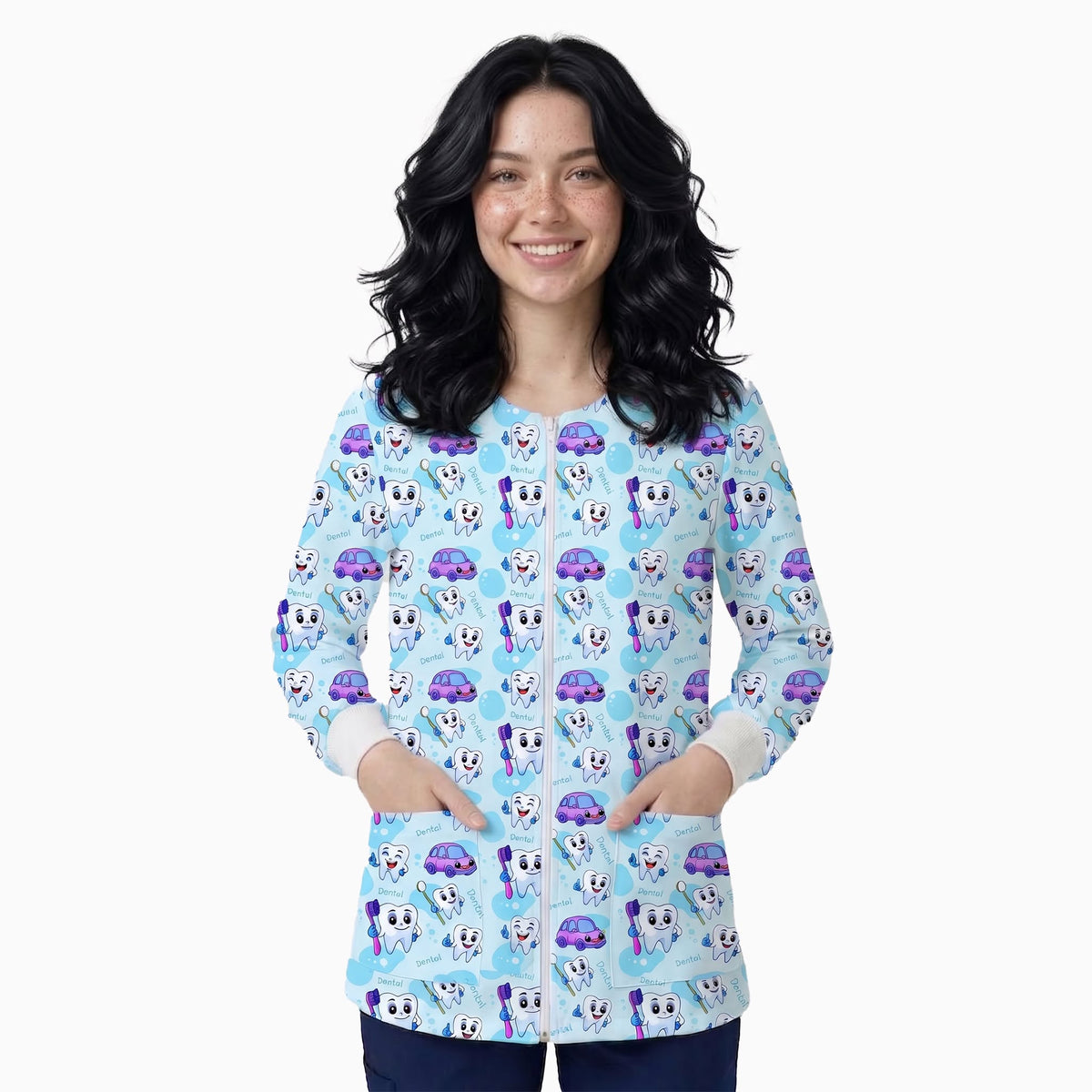Pediatric Dental Cartoon Printed Medica blue carl Lab Coat - Front Zipper Unisex labcoat