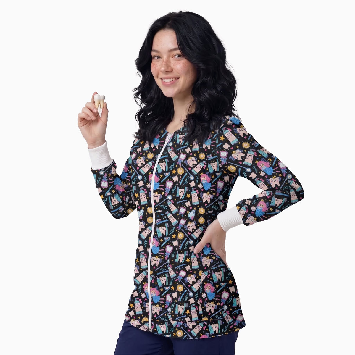 Tooth Fairy & Dental Care Printed Medical Lab Coat - Front Zipper Unisex Jacket