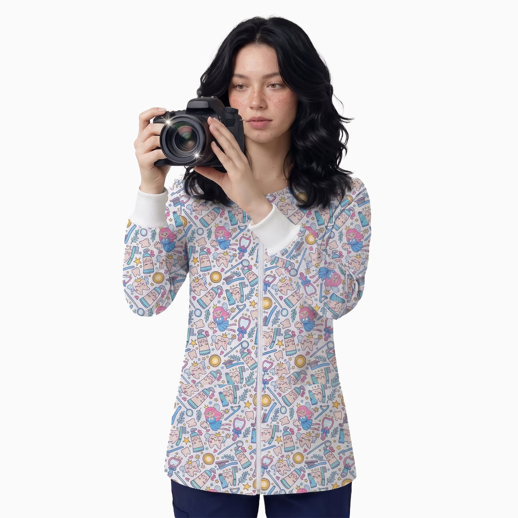 Tooth Fairy & Pastel Dental Care Printed Medical Lab Coat - Front Zipper Unisex Jacket
