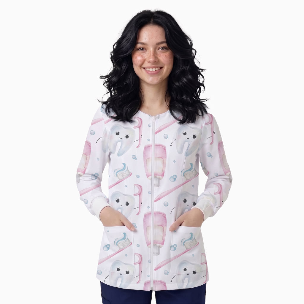 Watercolor Dental Care Printed Medical Lab Coat - Front Zipper Unisex Jacket
