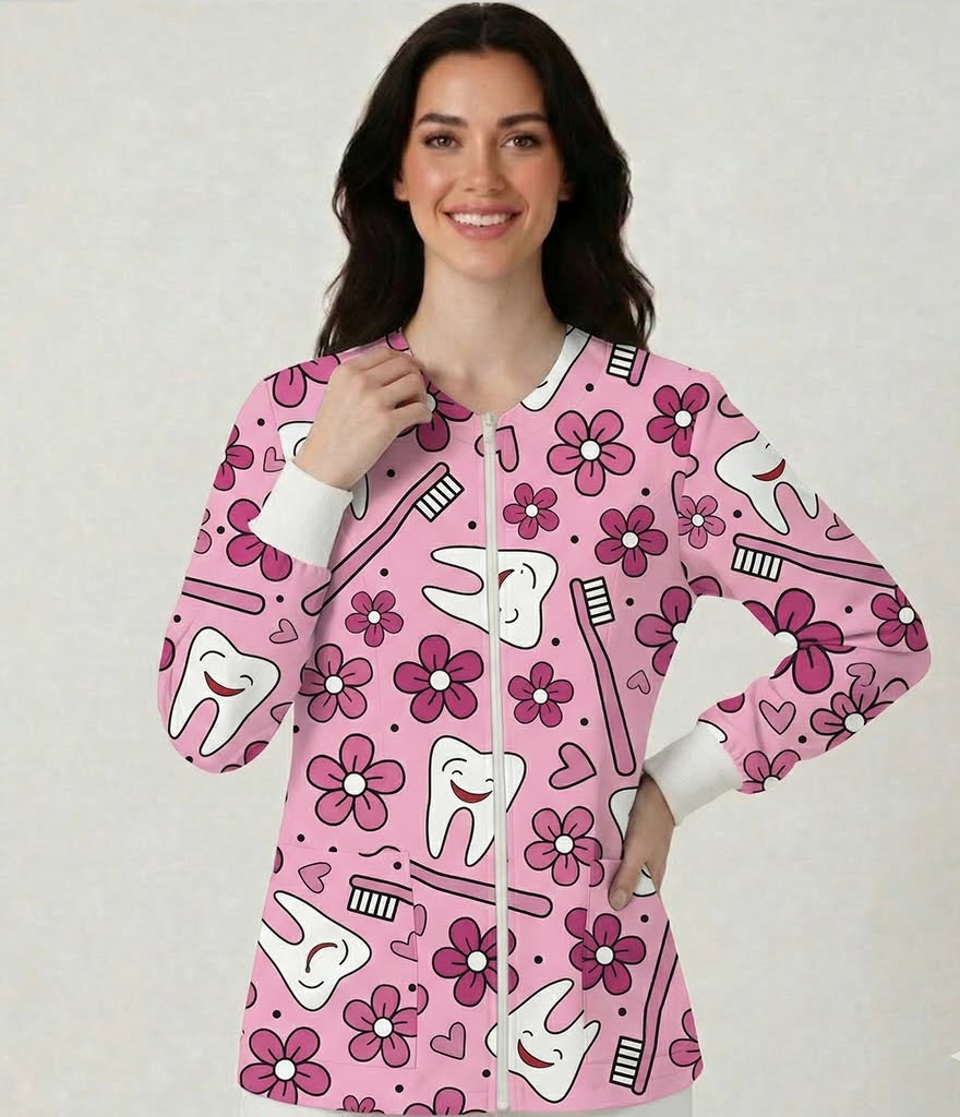Pink Teeth & Flowers  Zip-Front Warm-Up Lab Jacket with Ribbed Cuffs