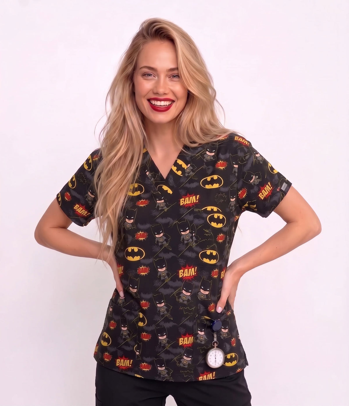 RESAN Batman superhero printed medical scrub top with chest pocket for nurses and healthcare professionals