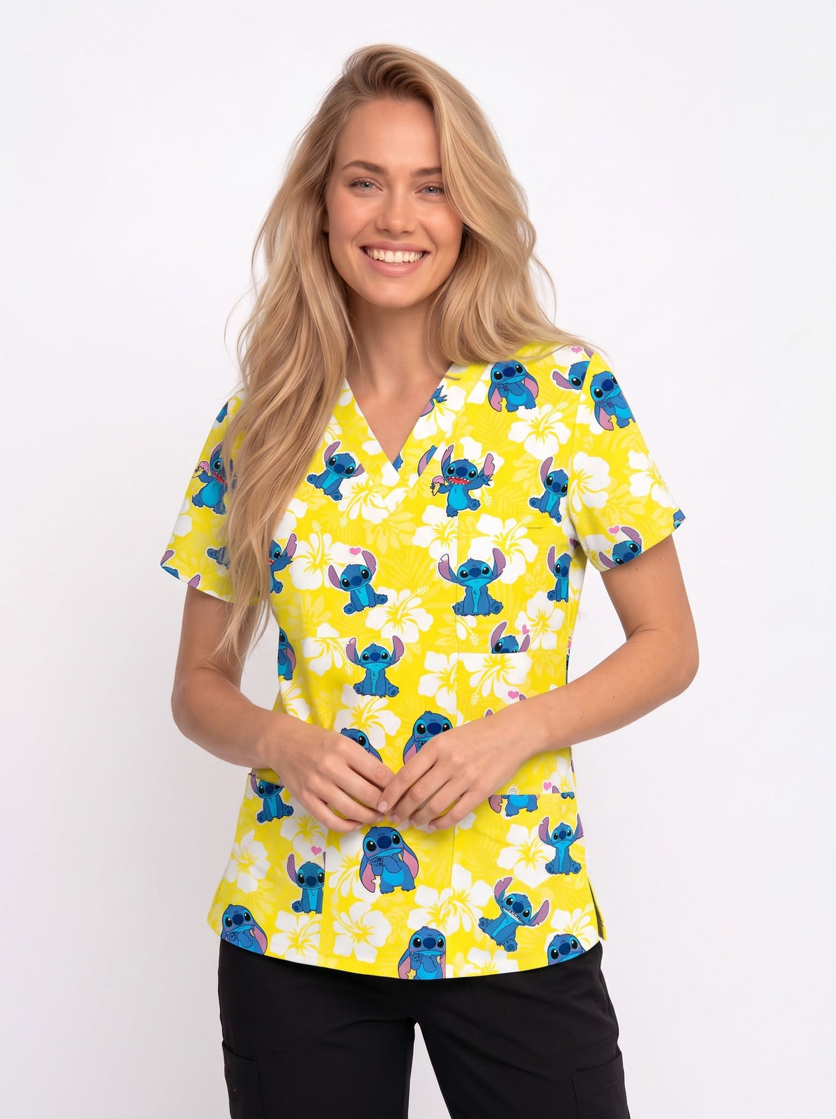 Stitch Printed Medical Scrub Top - Yellow V-Neck Scrub for Women & Pediatric Nurses