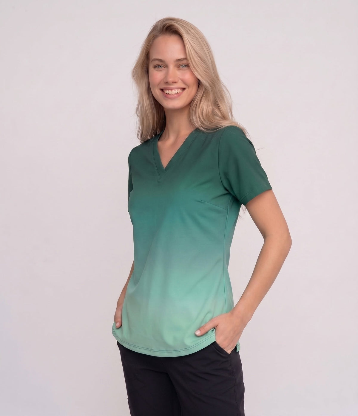 Emerald Ombre Gradient Medical Scrub Top - Unisex V-Neck Uniform