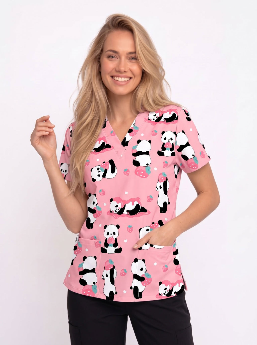 Cute Panda & Strawberry Printed Medical Scrub Top - Pink V-Neck