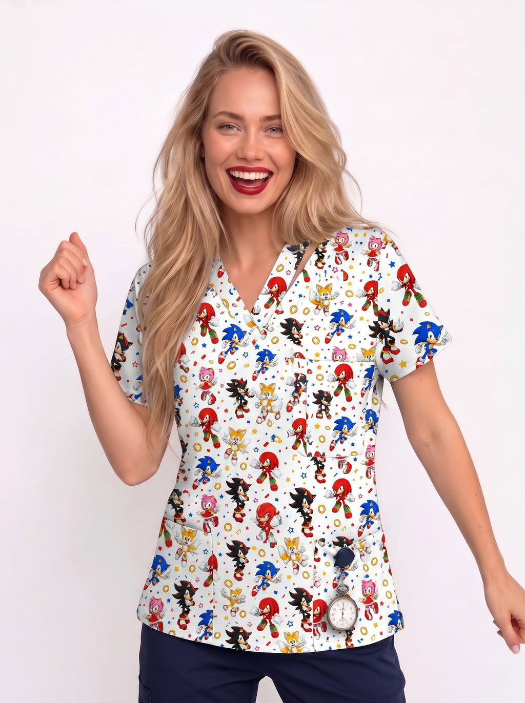 Sonic The Hedgehog Printed Medical Scrub Top - V-Neck Pediatric Nursing Uniform
