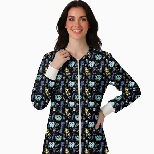 Dental Characters & Toothbrush Pattern Printed Medical Lab Coat - Black Front Zipper Unisex Jacket