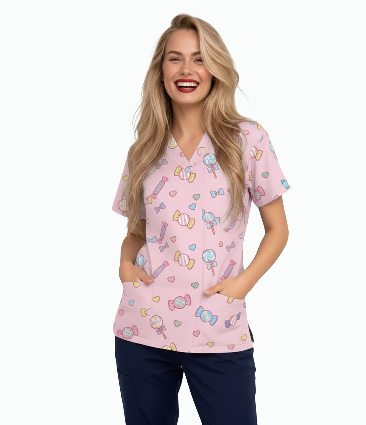 Sweet Candy & Lollipop Printed Medical Scrub Top - Pastel Pink Unisex V-Neck Uniform
