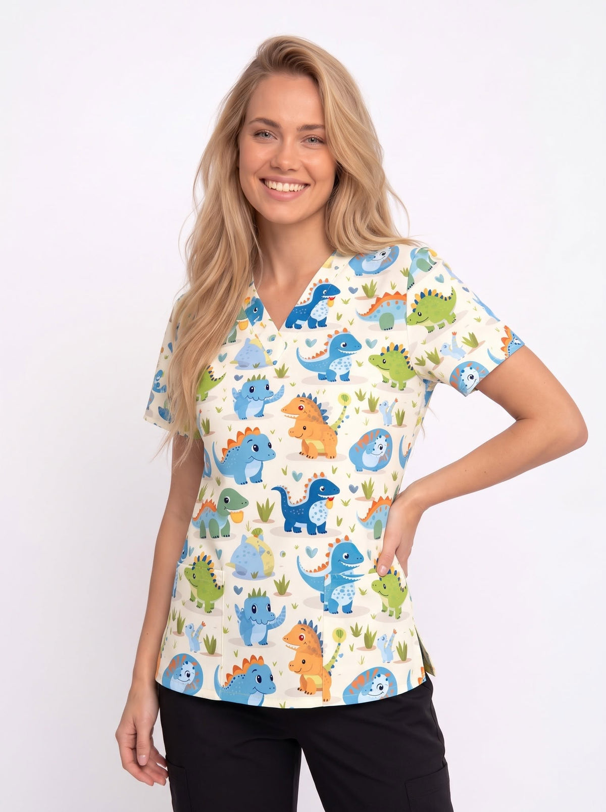 Cute Dinosaurs Printed Medical Scrub Top - Beige V-Neck Pediatric Uniform