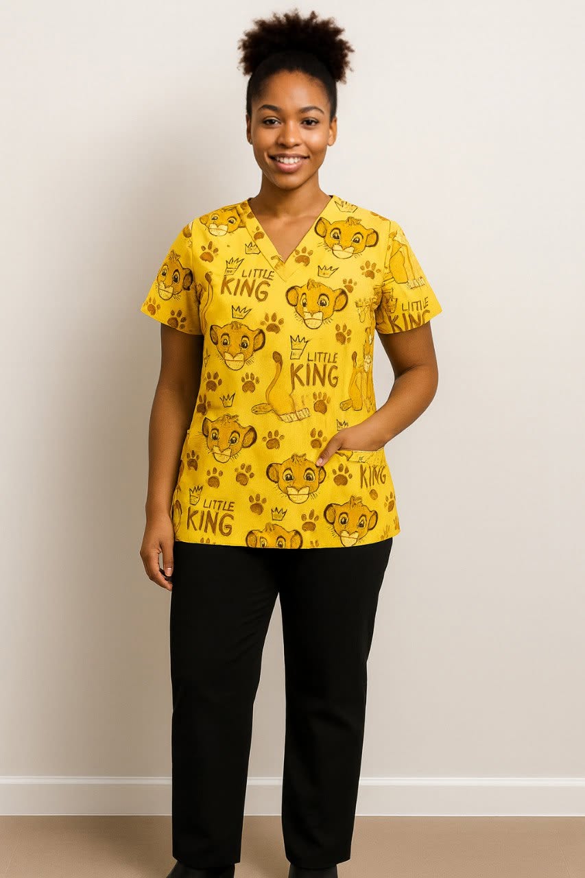 Lion King "Little King" Printed Medical Scrub Top - Yellow Unisex V-Neck Uniform