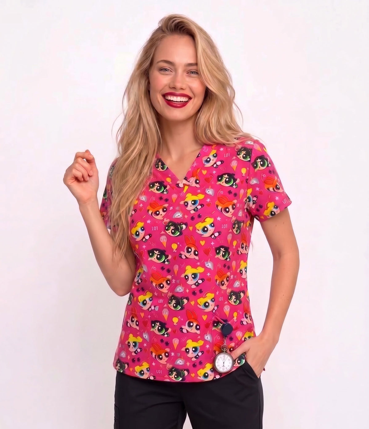 Hero Girls printed pink scrub top for women, cartoon medical uniform
بلوزة سكراب طبي نسائي وردي بطبعة كرتون Hero Girls مع رقبة V