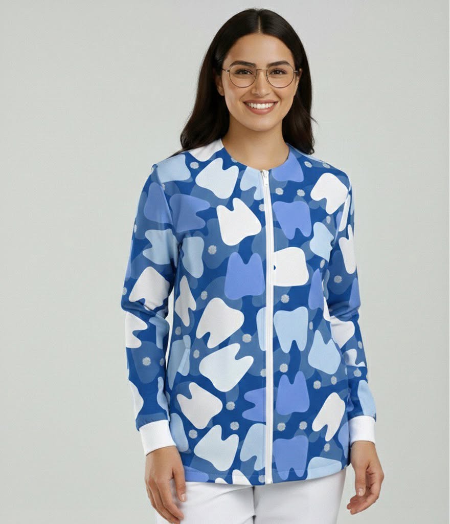 Blue Camo Teeth Zip-Front Warm-Up Lab Jacket with Ribbed Cuffs