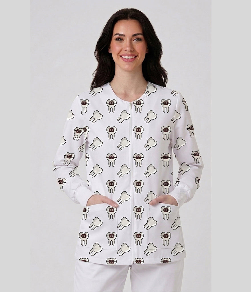 Braces white dental  Women's Warm Up Print Scrub Jacket