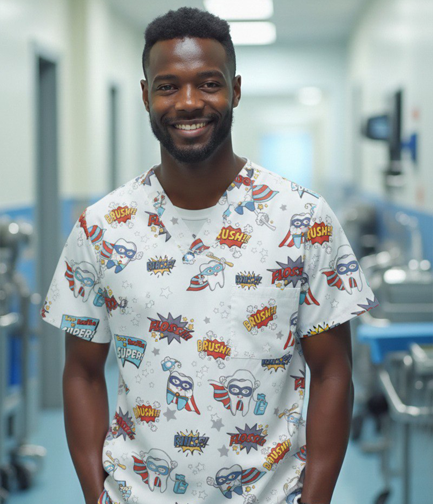 White BrushHero 3-Pocket STRETCH V-Neck Print Scrub Top
