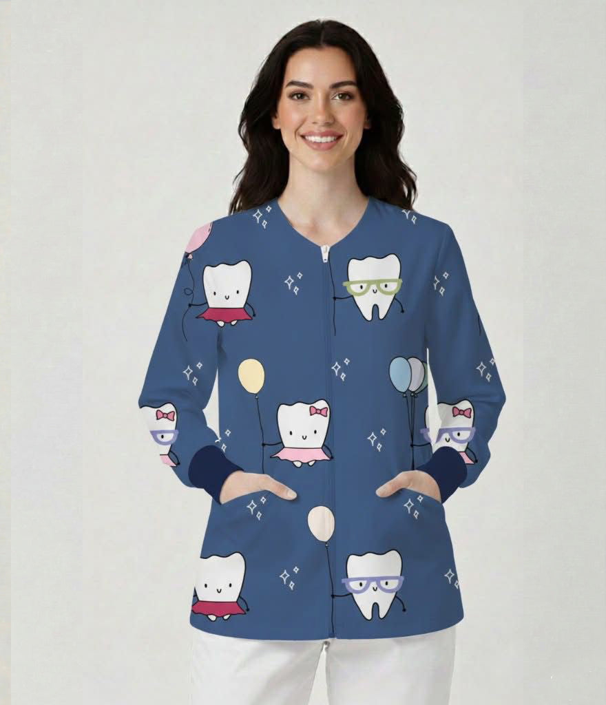 Dental Balloons Printed Long Sleeve Front Zipper Labcoat .