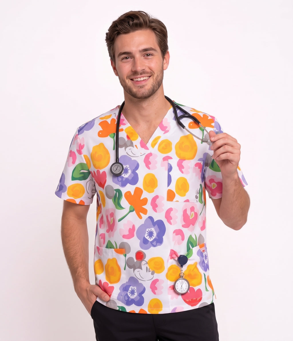 Floral Mickey Mouse Printed Medical Scrub Top - Unisex V-Neck UNISEX Uniform
