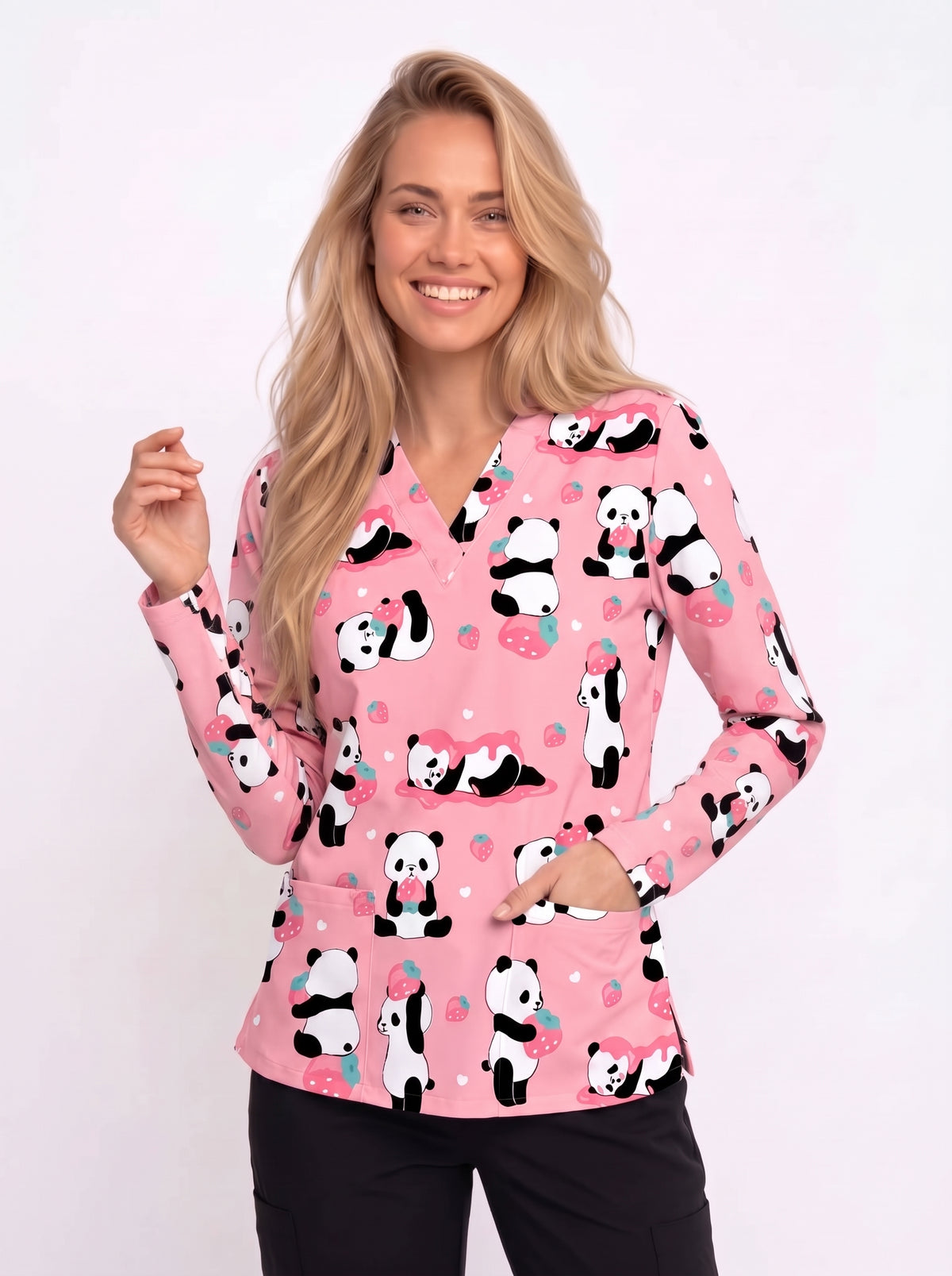 Cute Panda & Strawberry Printed Medical Scrub Top - Pink V-Neck