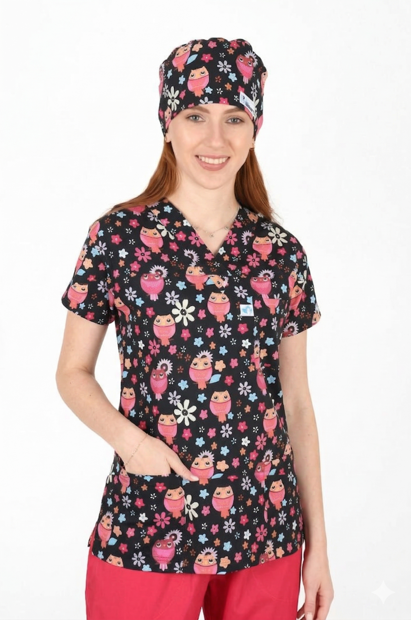 Pink Owl 3-Pocket STRETCH V-Neck Print Scrub Top