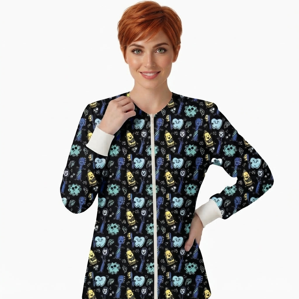 Dental Characters & Toothbrush Pattern Printed Medical Lab Coat - Black Front Zipper Unisex Jacket