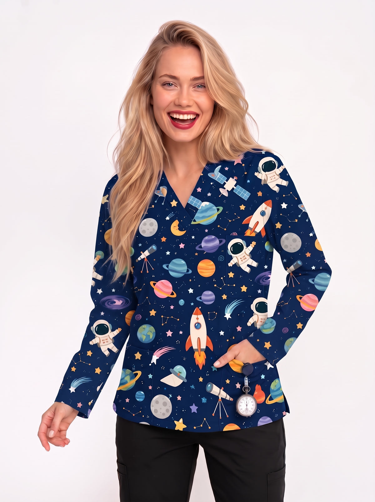 Space Astronaut Printed Medical Scrub Top - Navy V-Neck Pediatric MEDCAL Uniform UNISEX