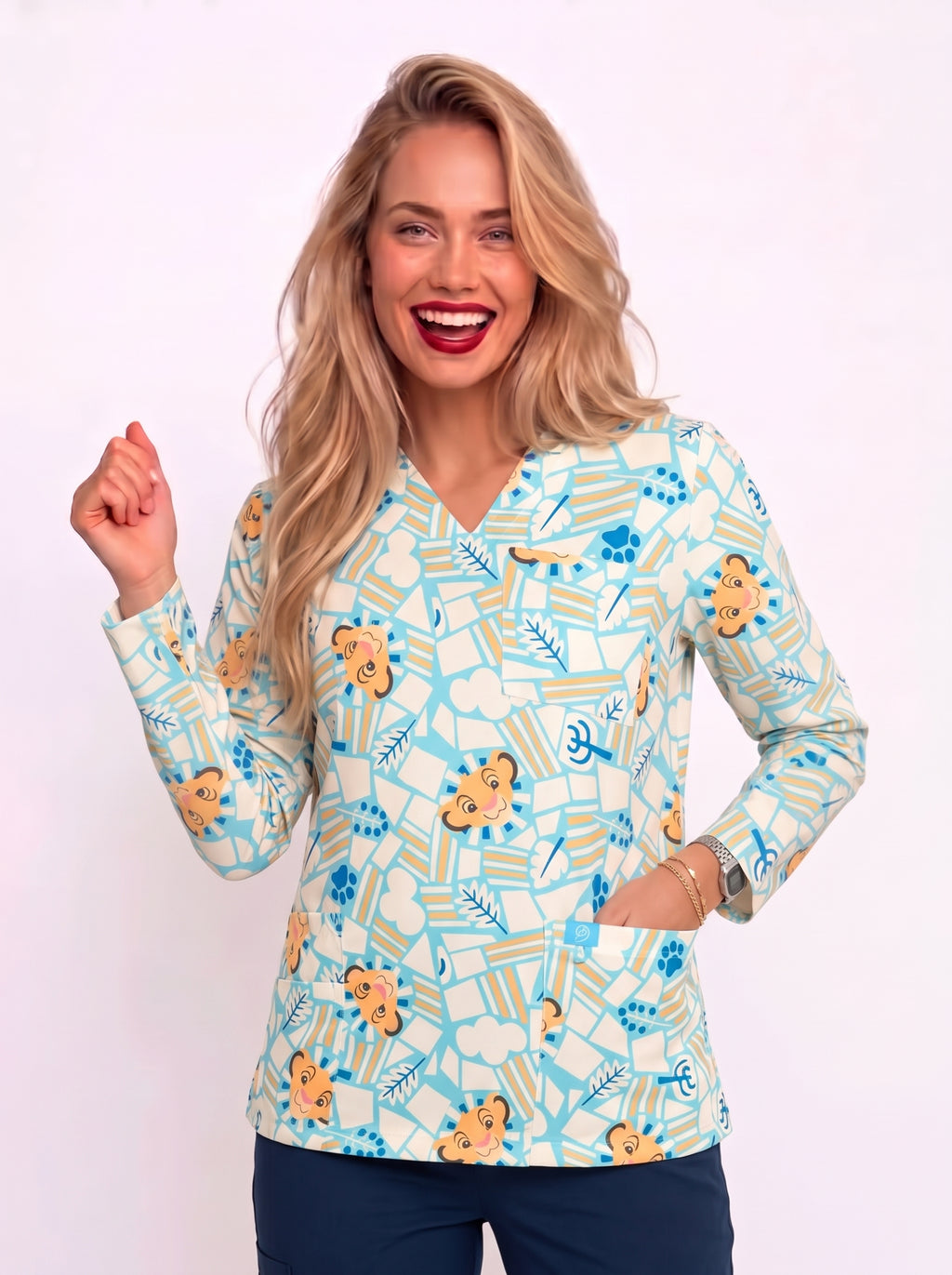 Lion King Simba Printed Medical Scrub Top - V-Neck Pediatric Nursing Uniform