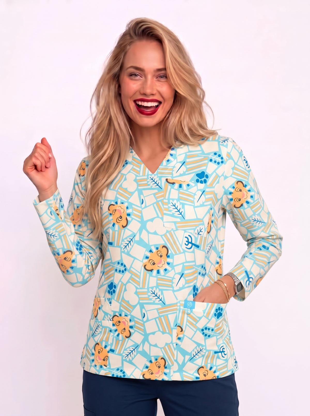 Lion King Simba Printed Medical Scrub Top - V-Neck Pediatric Nursing Uniform