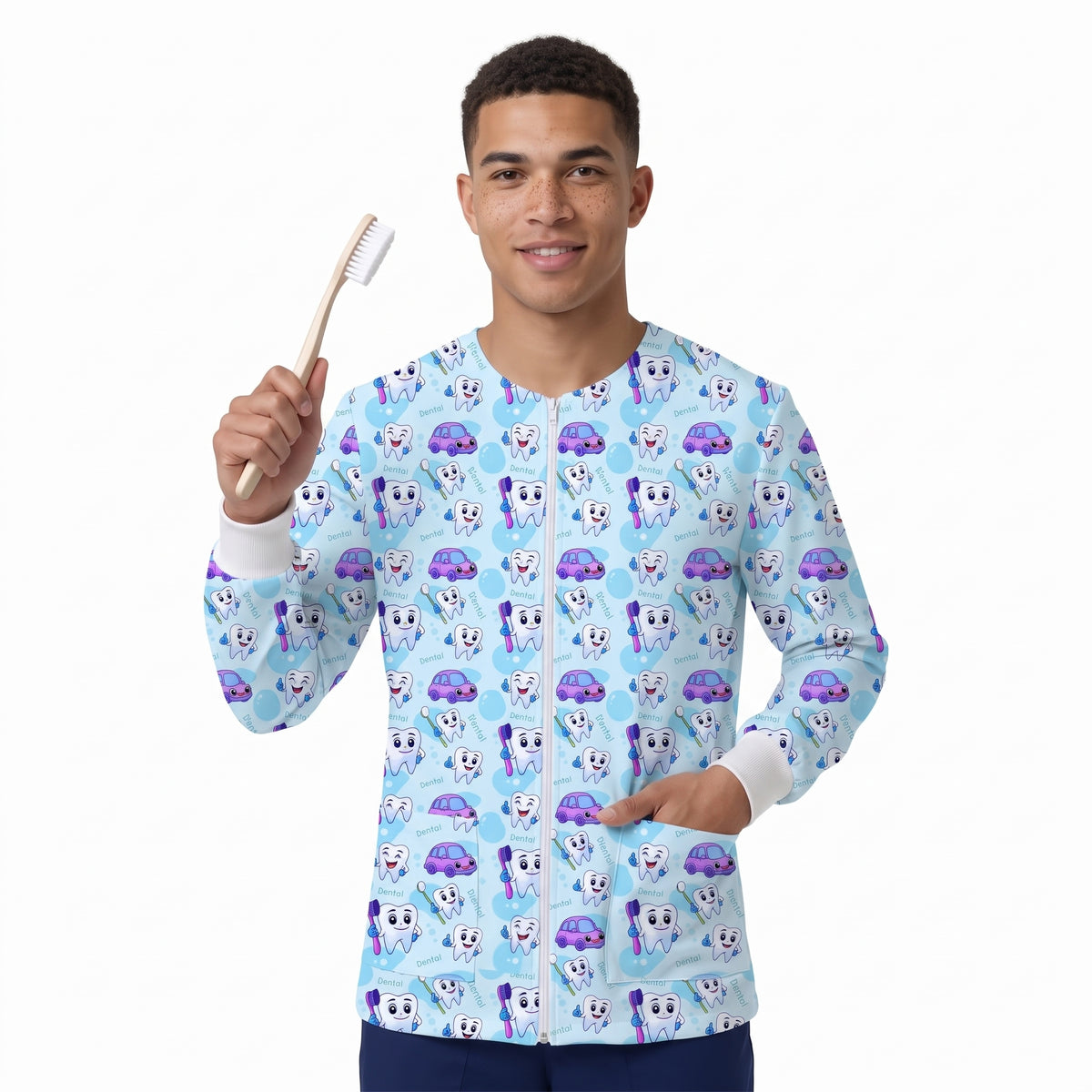 Pediatric Dental Cartoon Printed Medica blue carl Lab Coat - Front Zipper Unisex labcoat