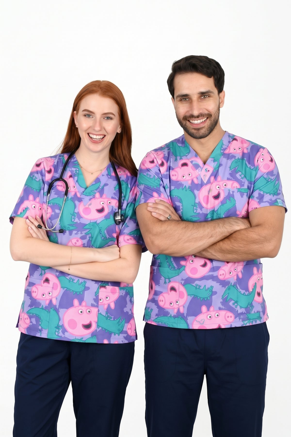 Peppa Pig Printed Medical Scrub Top - Unisex V-Neck Pediatric UNISEX Uniform