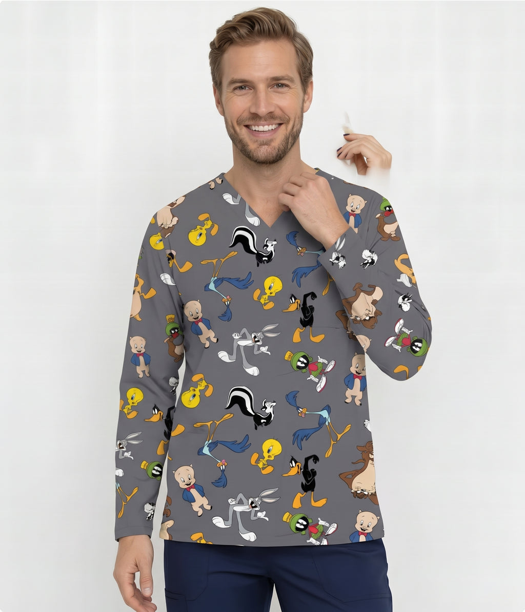 Looney Tunes Characters Printed Medical Scrub Top - Grey Unisex V-Neck Uniform