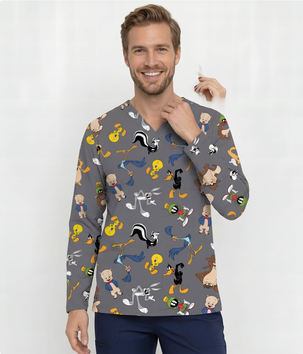 Looney Tunes Characters Printed Medical Scrub Top - Grey Unisex V-Neck Uniform