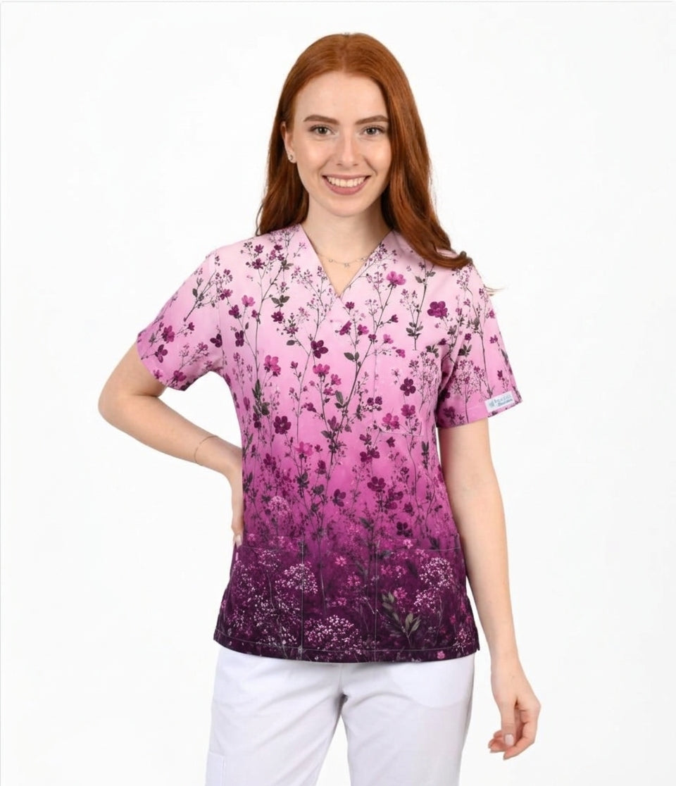 Women's Pink & Purple Floral Ombre Printed V-Neck Scrub Top