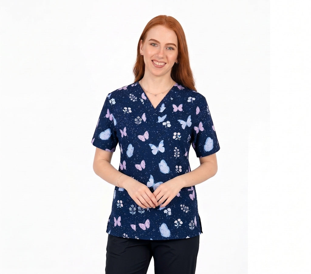 Women's Navy Butterfly & Floral Printed V-Neck Scrub Top