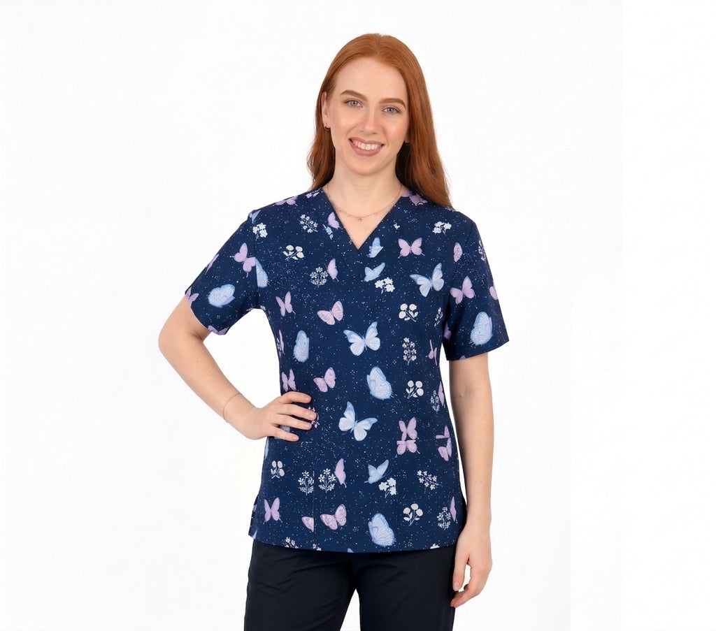 Women's Navy Butterfly & Floral Printed V-Neck Scrub Top