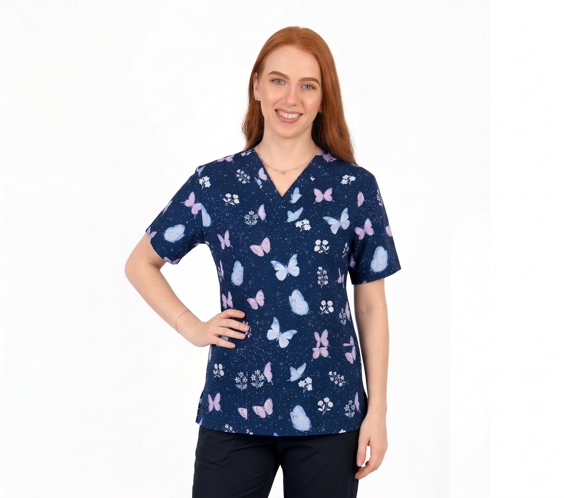 Women's Navy Butterfly & Floral Printed V-Neck Scrub Top
