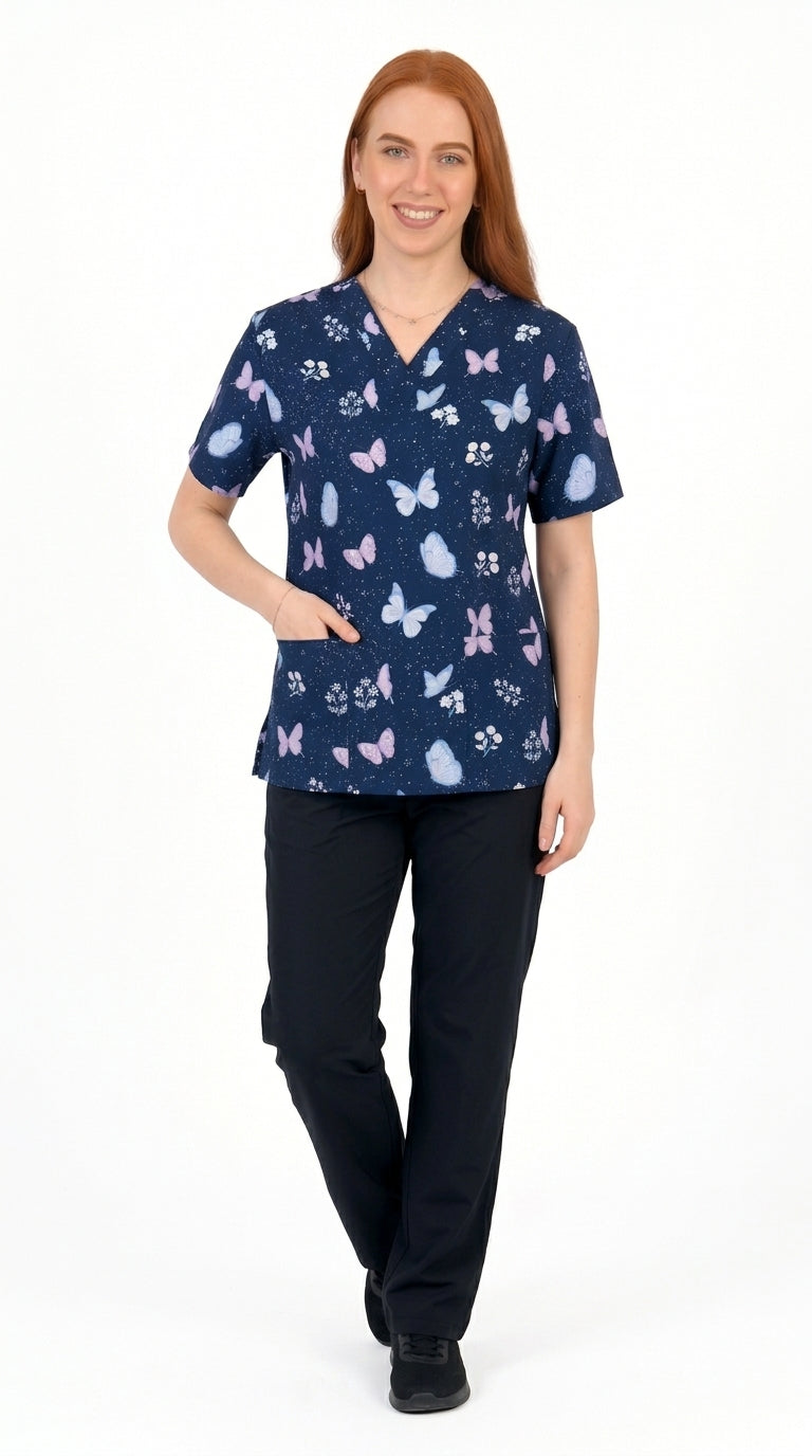 Women's Navy Butterfly & Floral Printed V-Neck Scrub Top