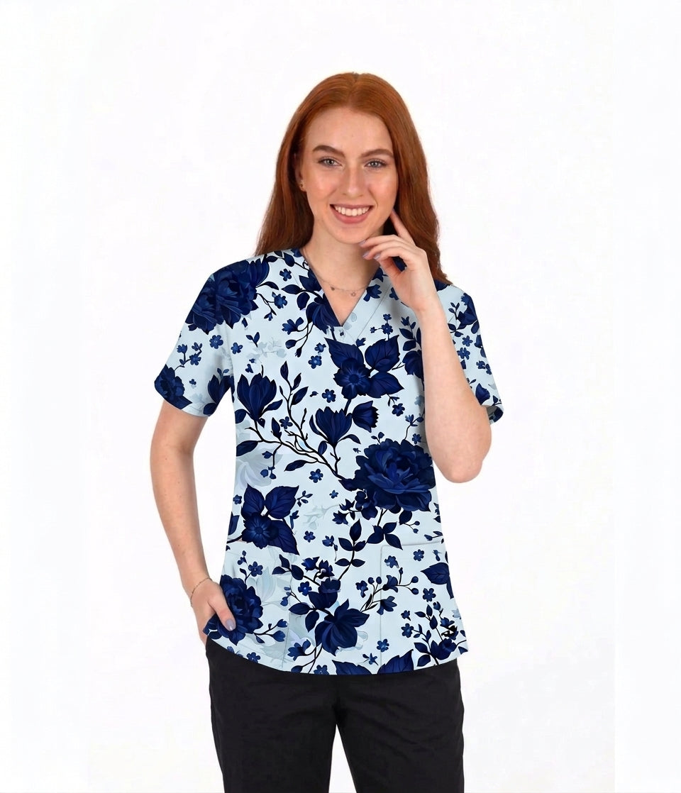 light Blue & Navy Floral Printed V-Neck Scrub Top