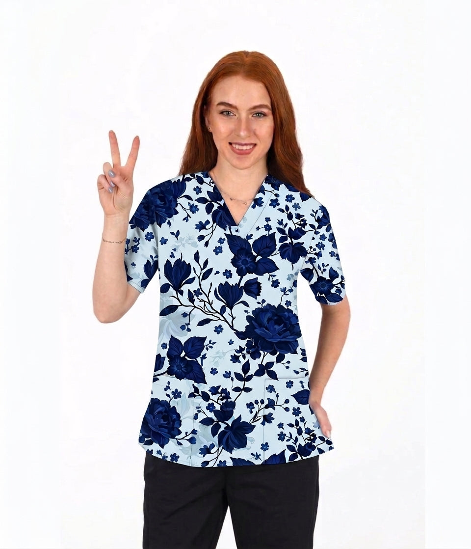 light Blue & Navy Floral Printed V-Neck Scrub Top