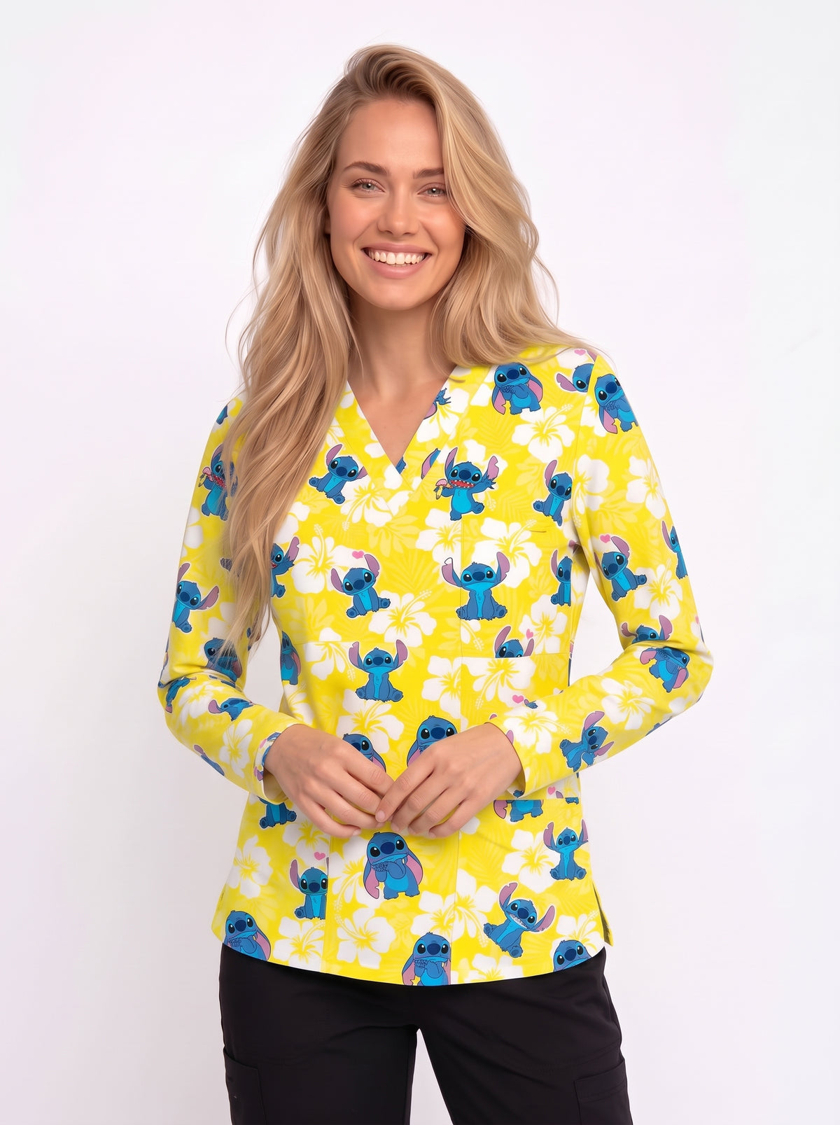 Stitch Printed Medical Scrub Top - Yellow V-Neck Scrub for Women & Pediatric Nurses