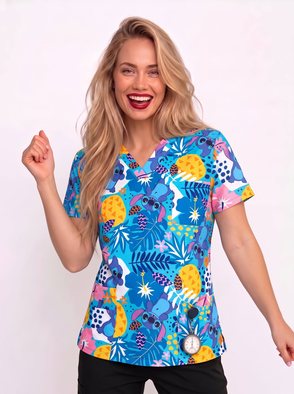 Tropical Stitch Long Sleeve Printed Medical Scrub Top - V-Neck MEDICAL Uniform