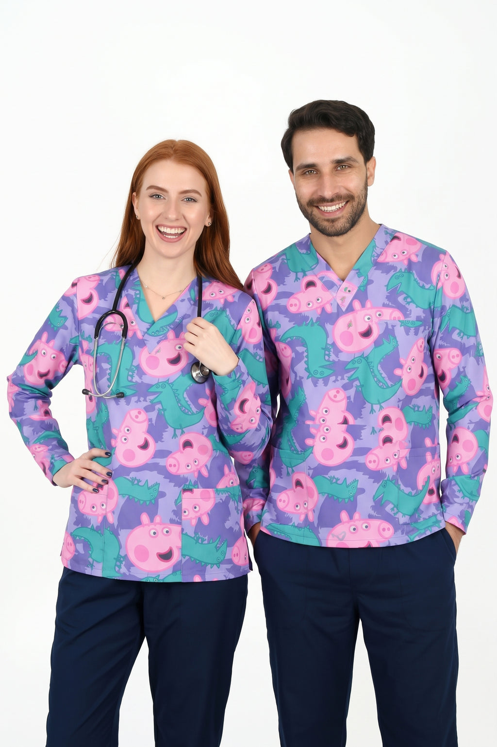 Peppa Pig Printed Medical Scrub Top - Unisex V-Neck Pediatric UNISEX Uniform