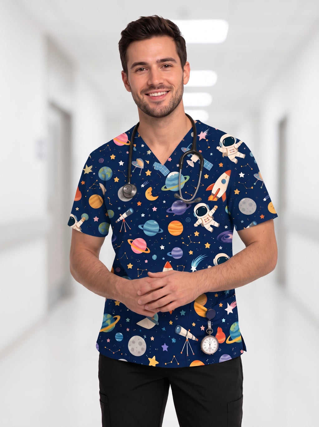 Space Astronaut Printed Medical Scrub Top - Navy V-Neck Pediatric MEDCAL Uniform UNISEX
