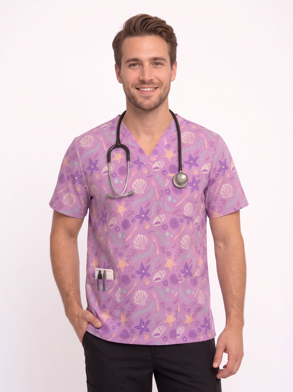 Ocean Shells Printed Medical Scrub Top Unisex - V-Neck