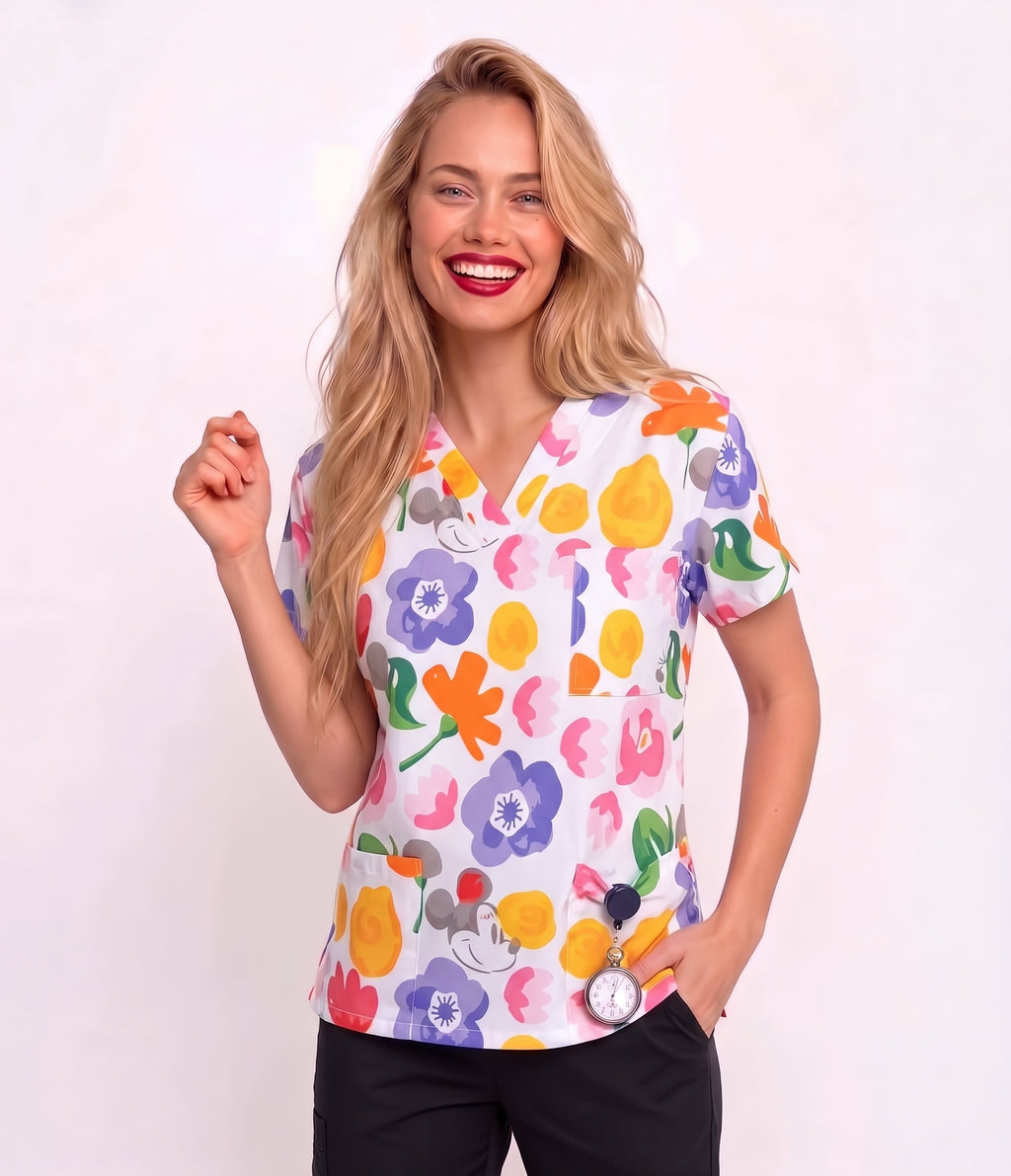 Floral Mickey Mouse Printed Medical Scrub Top - Unisex V-Neck UNISEX Uniform