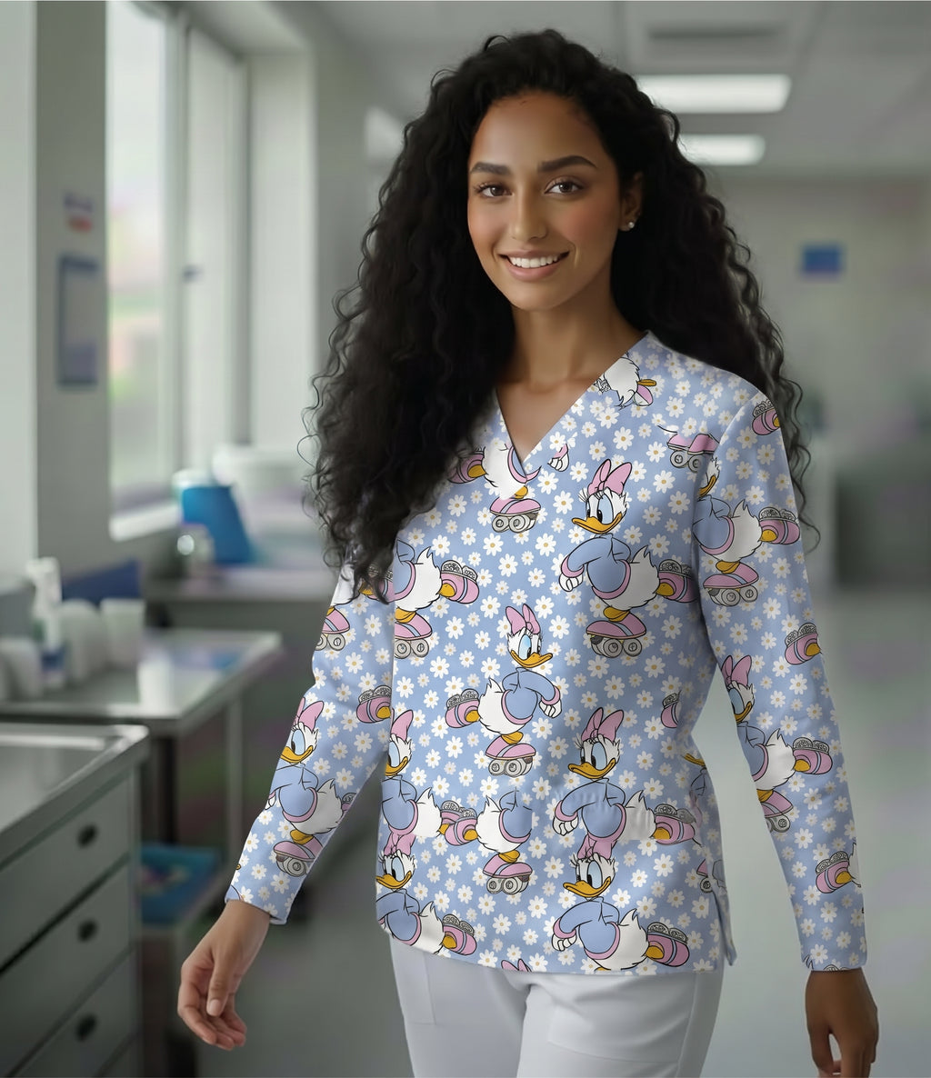 Daisy Duck Roller Skating Printed Medical Scrub Top - Light Blue Unisex V-Neck Uniform