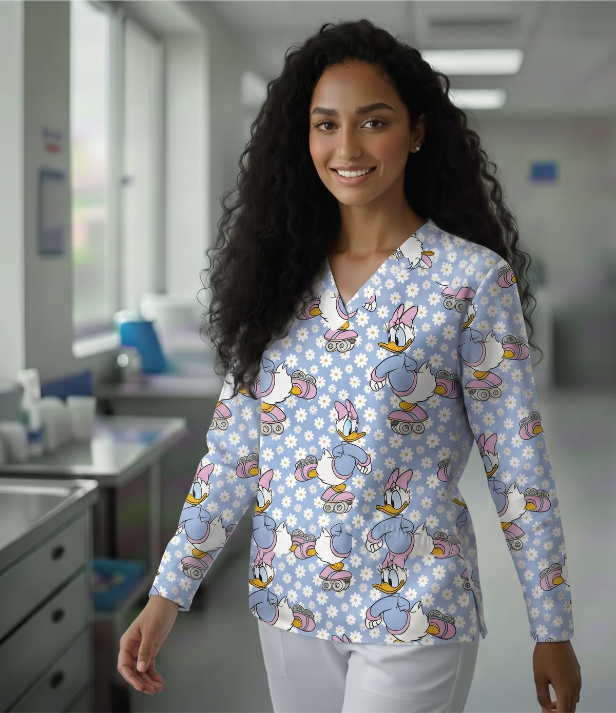 Daisy Duck Roller Skating Printed Medical Scrub Top - Light Blue Unisex V-Neck Uniform