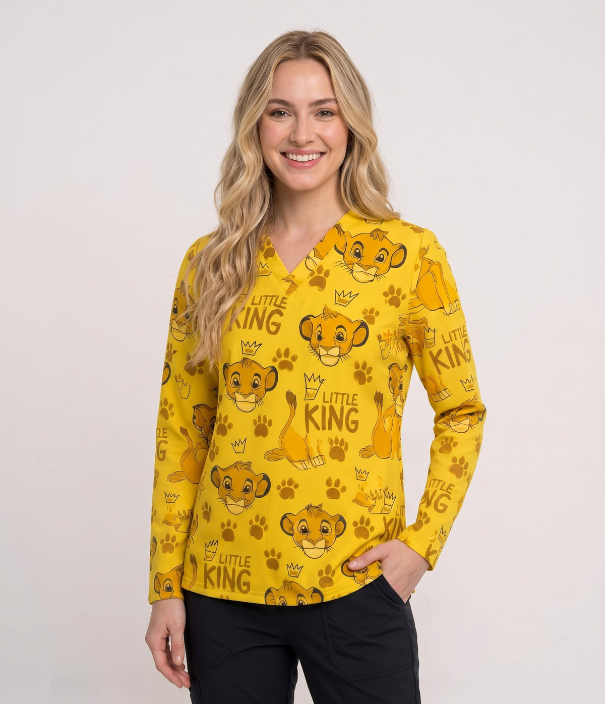 Lion King "Little King" Printed Medical Scrub Top - Yellow Unisex V-Neck Uniform