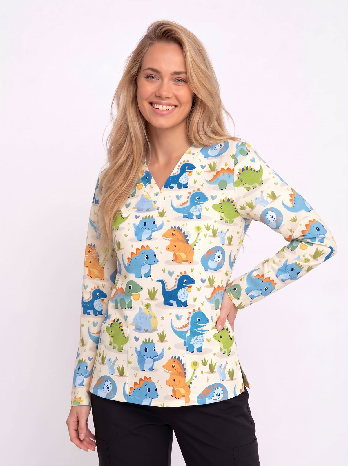 Cute Dinosaurs Printed Medical Scrub Top - Beige V-Neck Pediatric Uniform