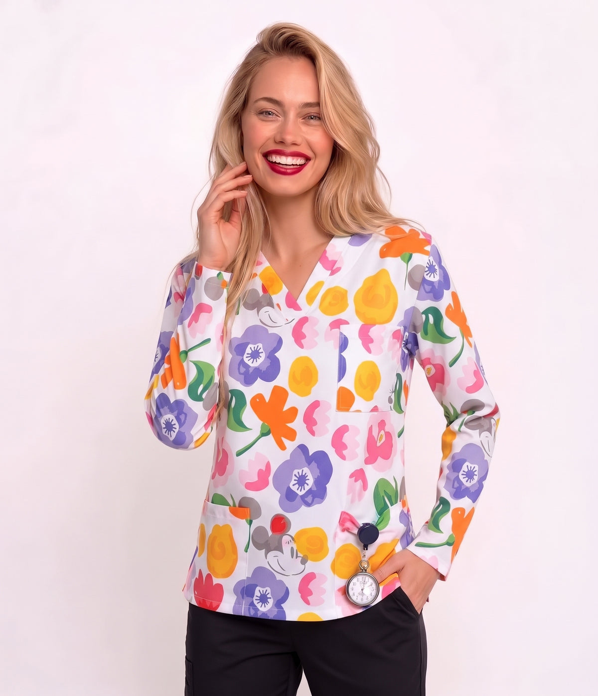 Floral Mickey Mouse Printed Medical Scrub Top - Unisex V-Neck UNISEX Uniform